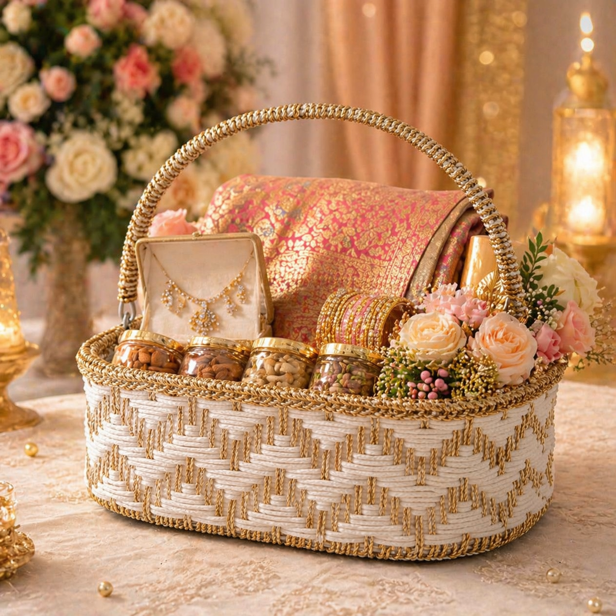 (Set of 3)Premium White & Gold Woven Gift Basket with Handle –  | Wedding Trousseau & Hamper Packing Basket