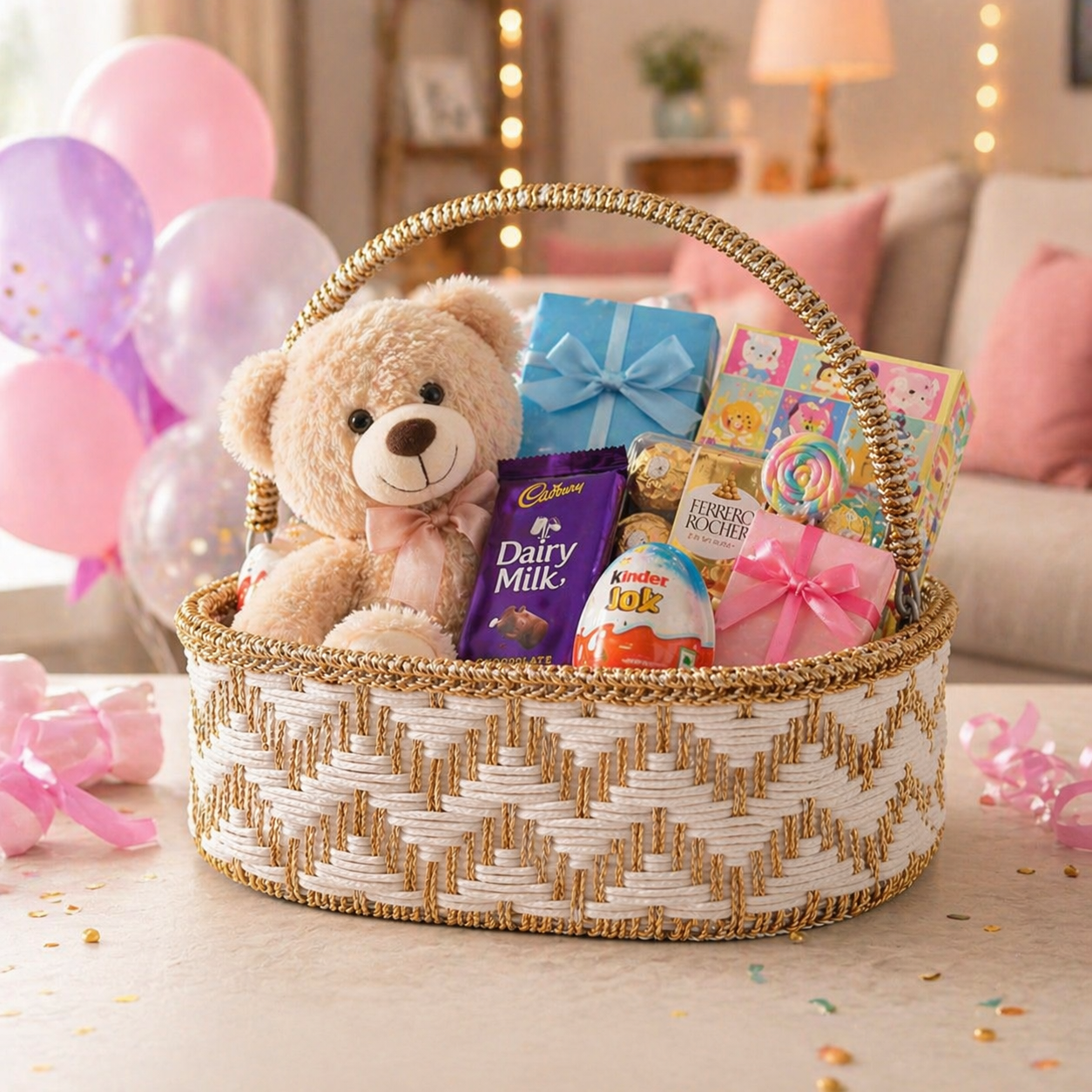 (Set of 3)Premium White & Gold Woven Gift Basket with Handle –  | Wedding Trousseau & Hamper Packing Basket