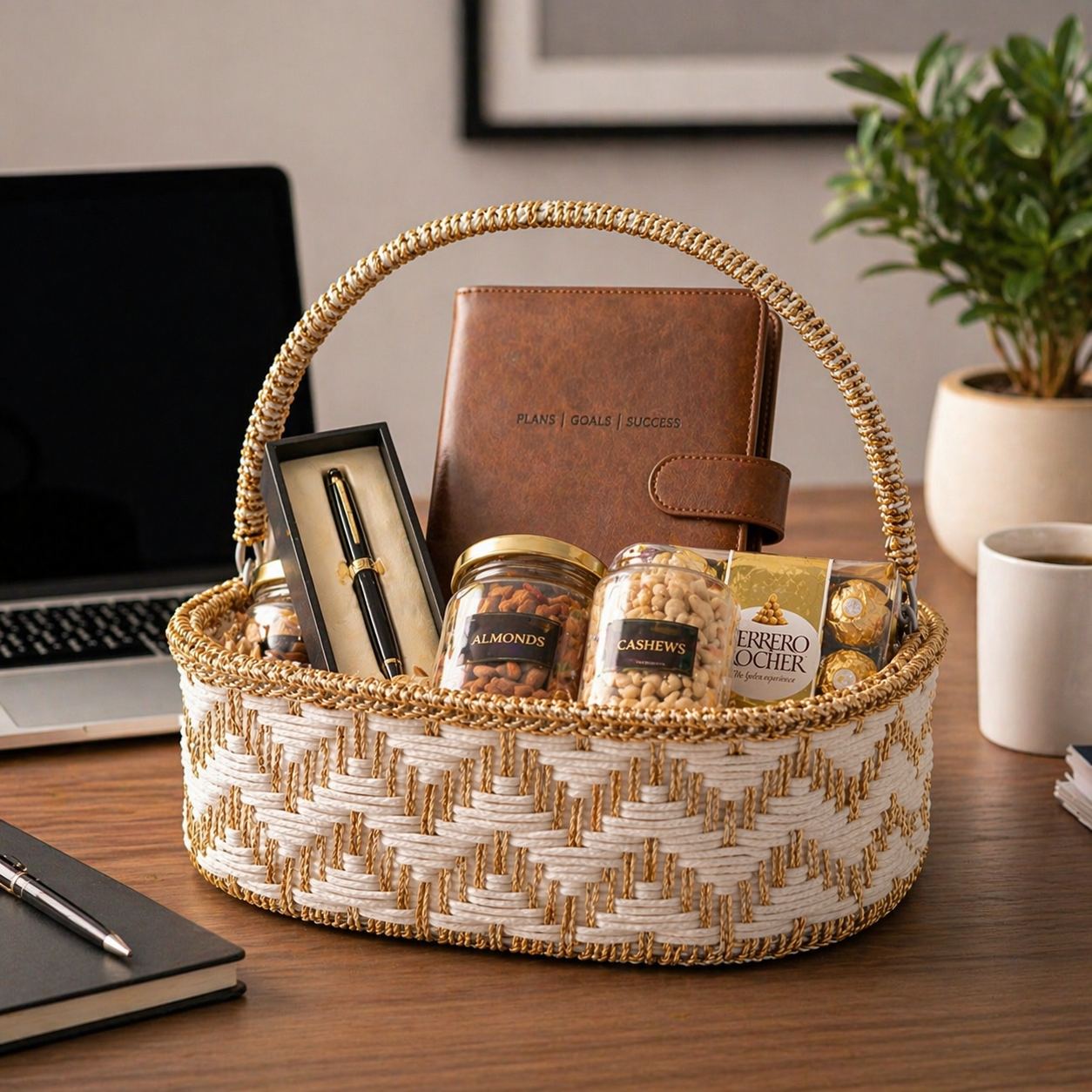 (Set of 3)Premium White & Gold Woven Gift Basket with Handle –  | Wedding Trousseau & Hamper Packing Basket
