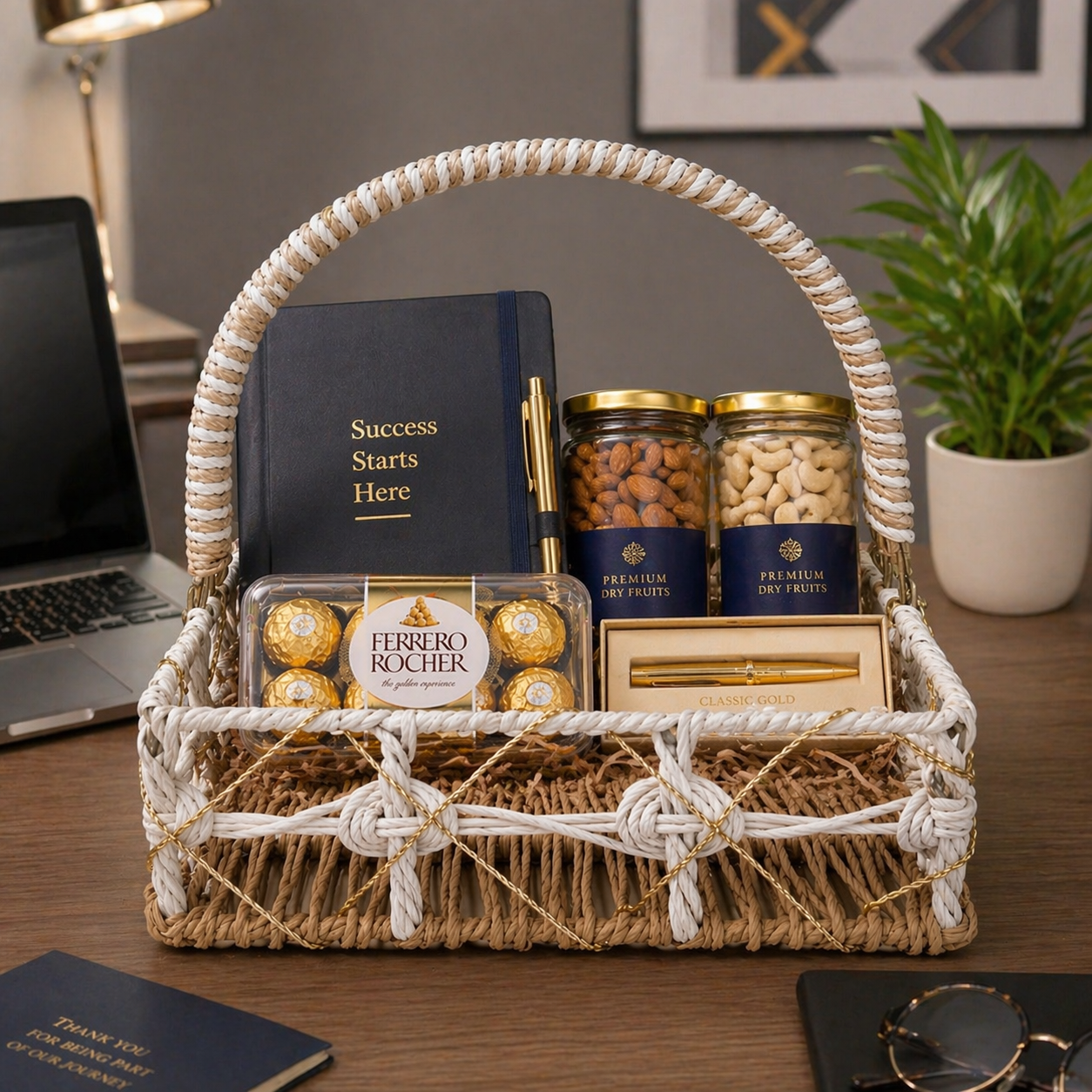 (Set of 3)Premium White & Natural Woven Handle Basket for Wedding Hampers & Trousseau Packing