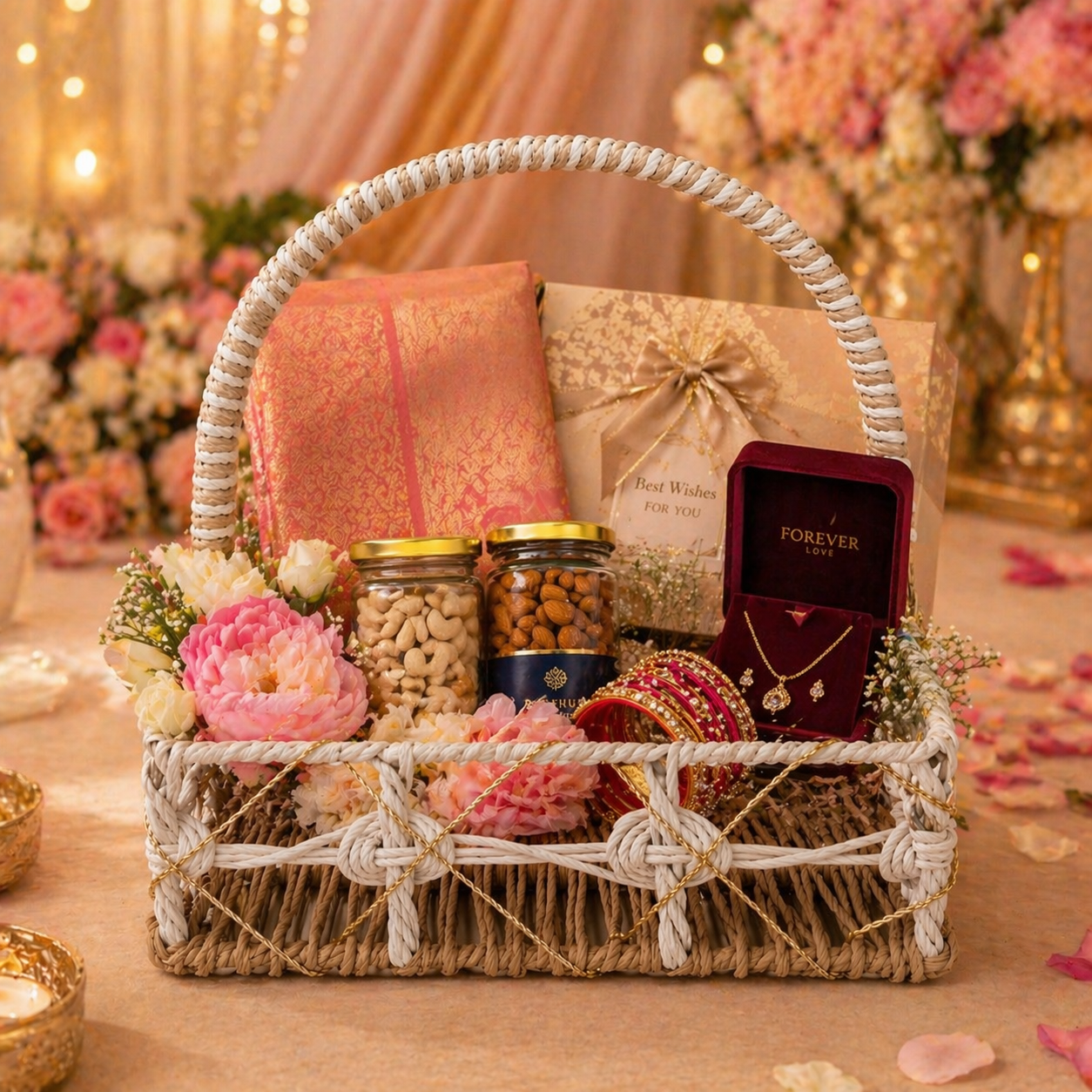 (Set of 3)Premium White & Natural Woven Handle Basket for Wedding Hampers & Trousseau Packing