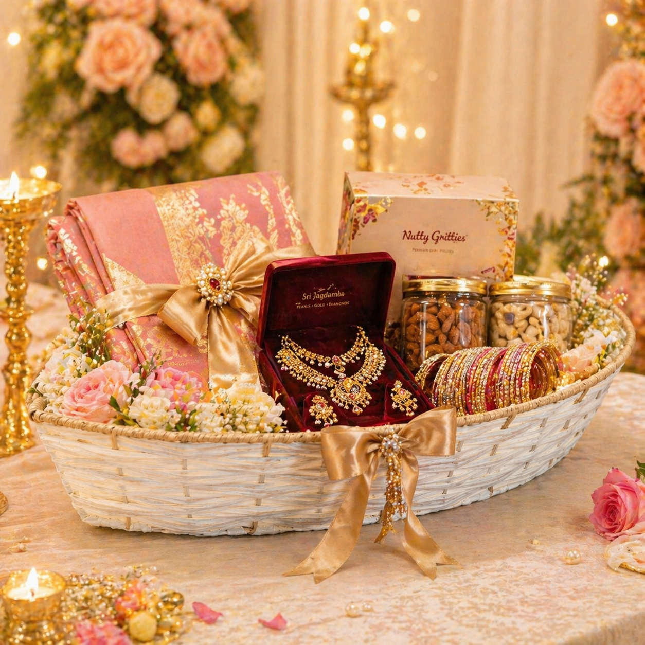 (Set of 3)Premium White Woven Boat Basket for Wedding Hampers & Trousseau Packing