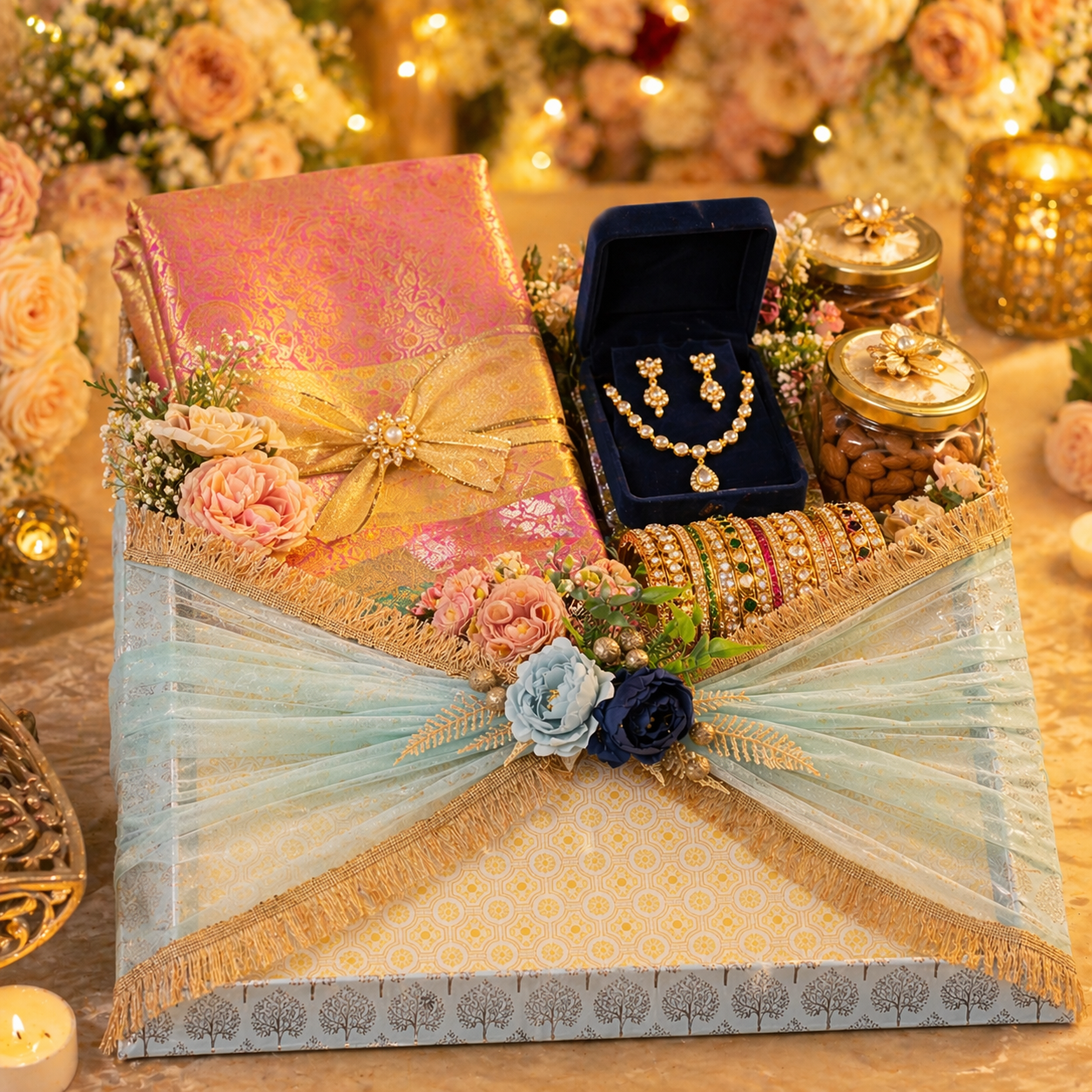 (Set of 3) Luxury Decorative Gift Trays for Wedding Trousseau & Return Gift Packing