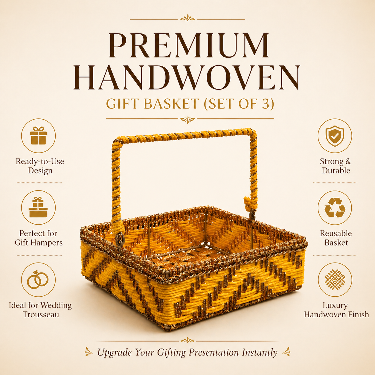 (Set of 3) Premium Yellow Handwoven Gift Basket with Handle – Wedding Trousseau & Hamper Packaging Basket (10 x 10 x 3.5 Inch) - Adscraft.in