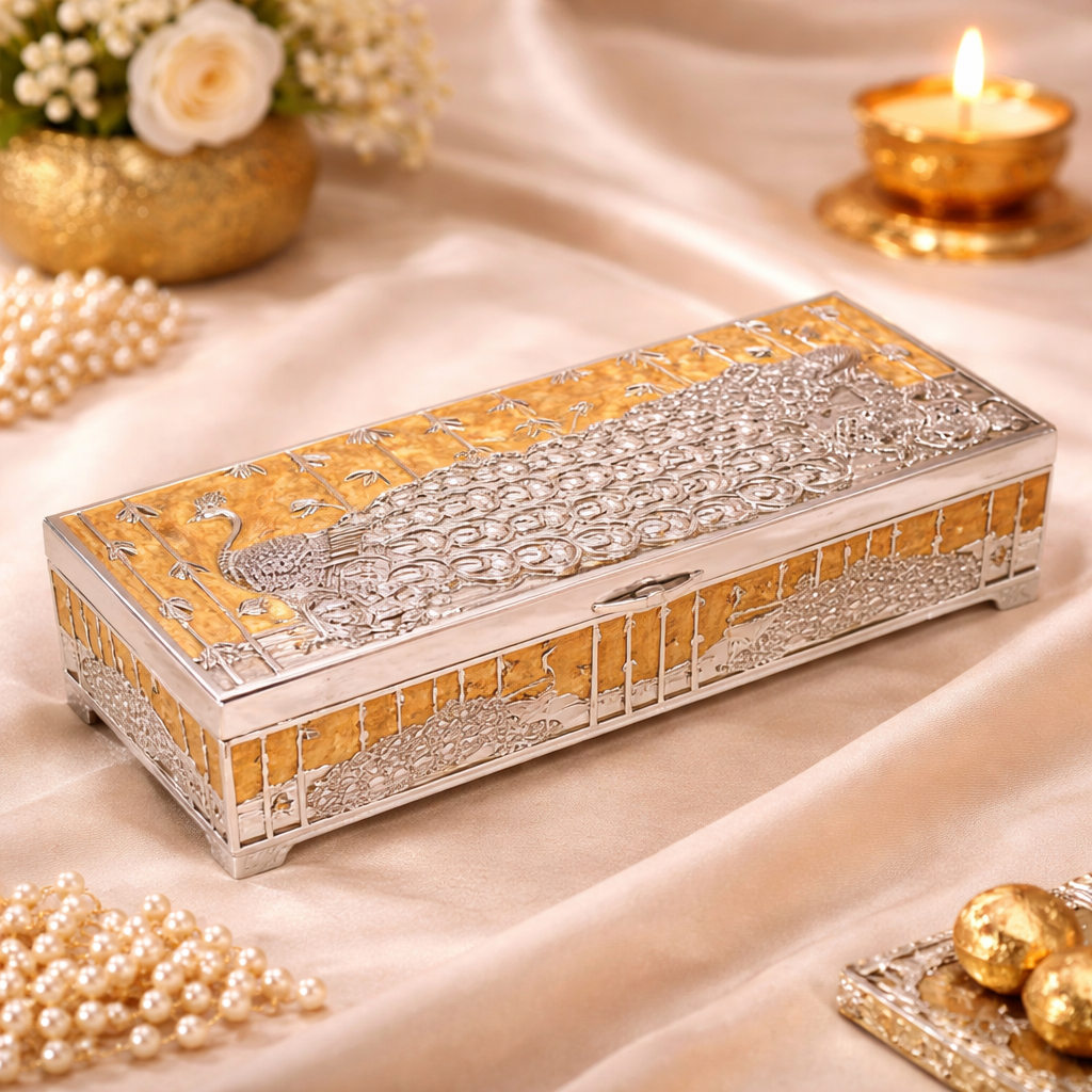 Premium German Silver Peacock Dry Fruit Box with Orange Enamel Finish (9 x 3.5 x 2 Inch)