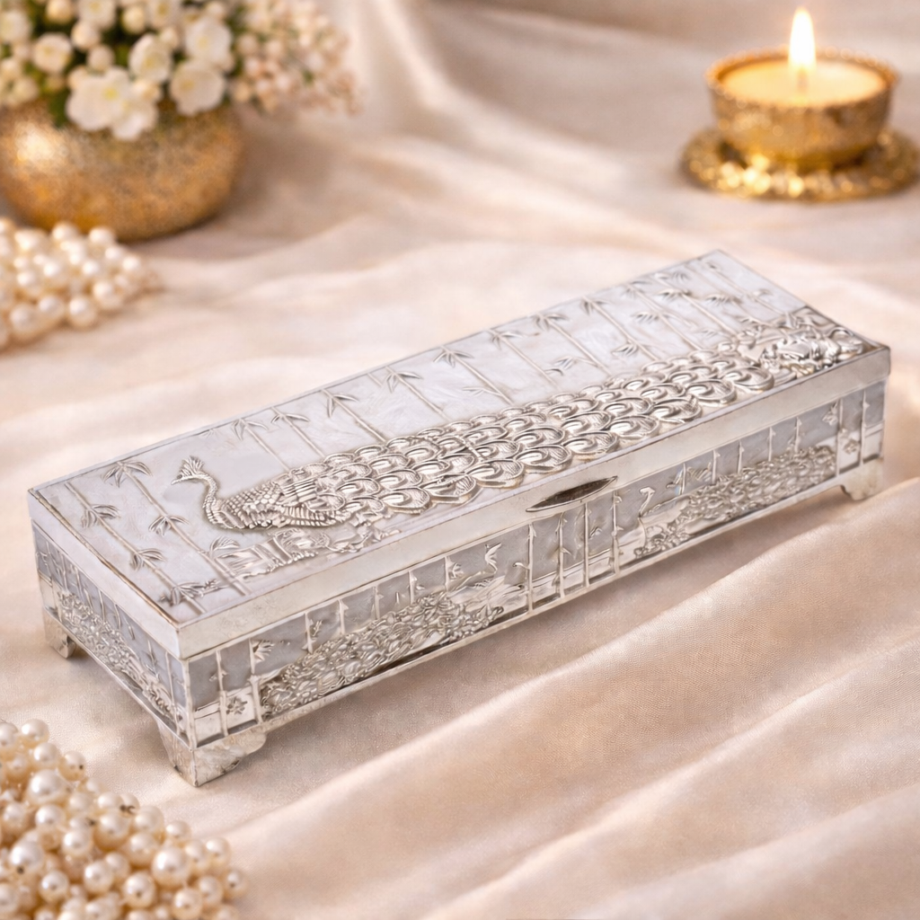 Premium German Silver Peacock Dry Fruit Box – Plain Silver Finish (9 x 3.5 x 2 Inch)