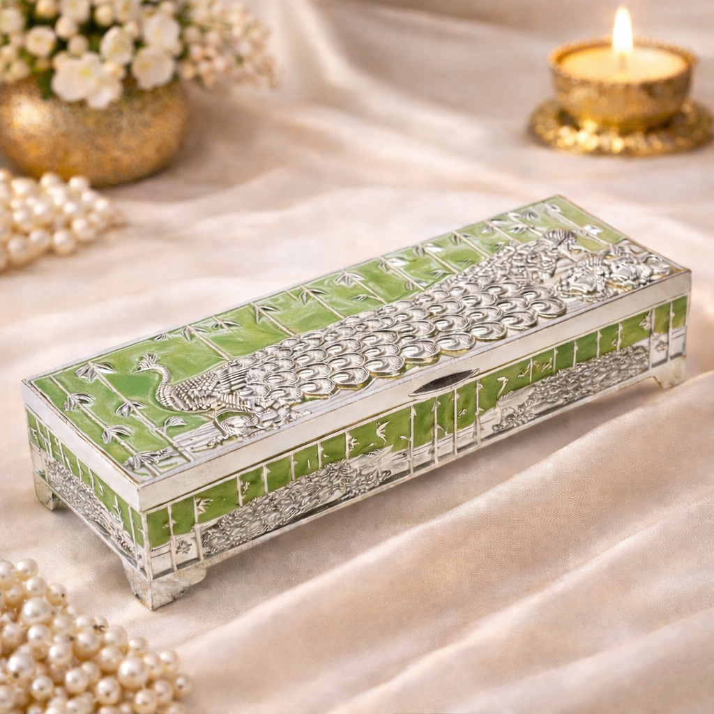 Premium German Silver Peacock Dry Fruit Box with Green Enamel Finish (9 x 3.5 x 2 Inch)