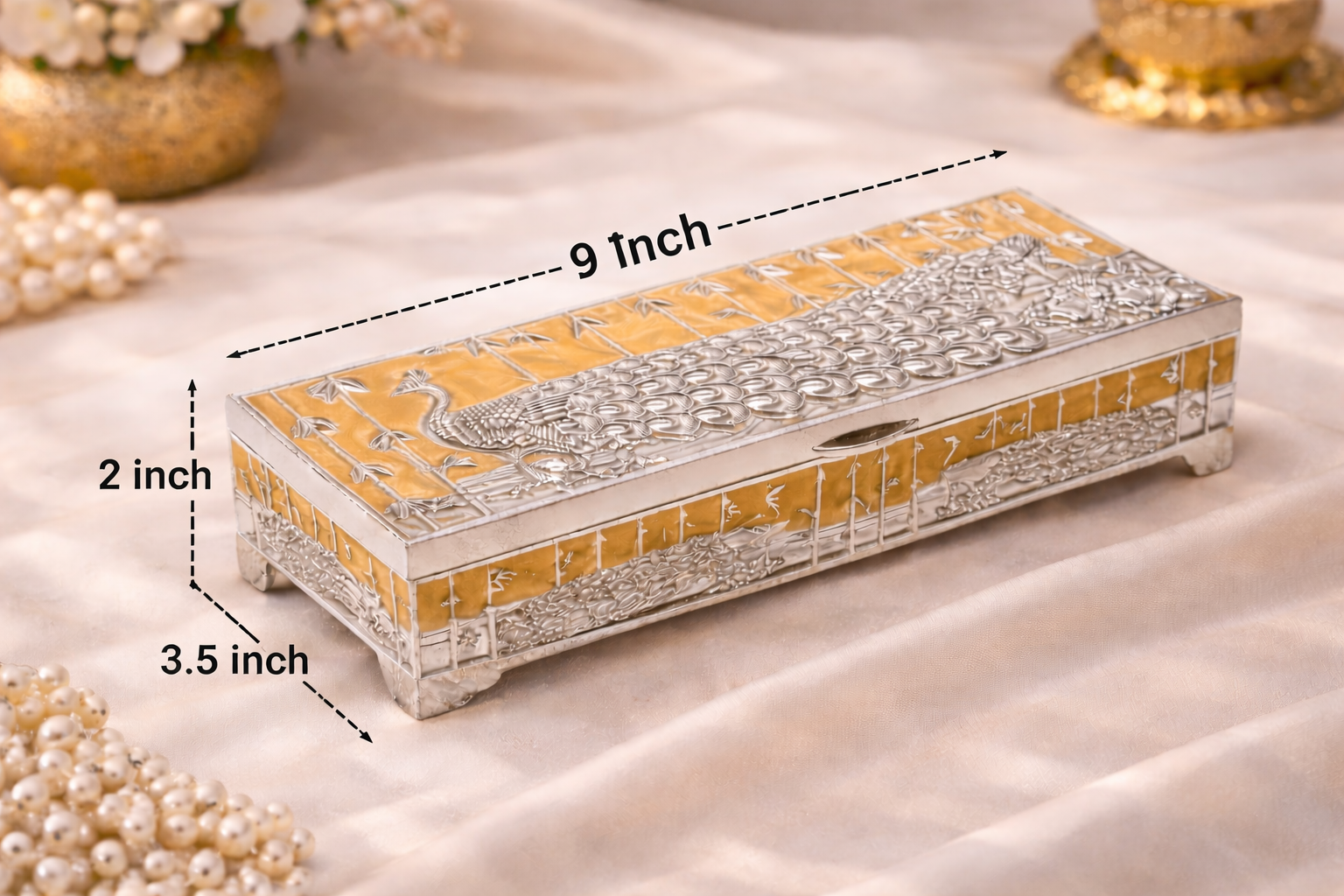 Premium German Silver Peacock Dry Fruit Box with Orange Enamel Finish (9 x 3.5 x 2 Inch)
