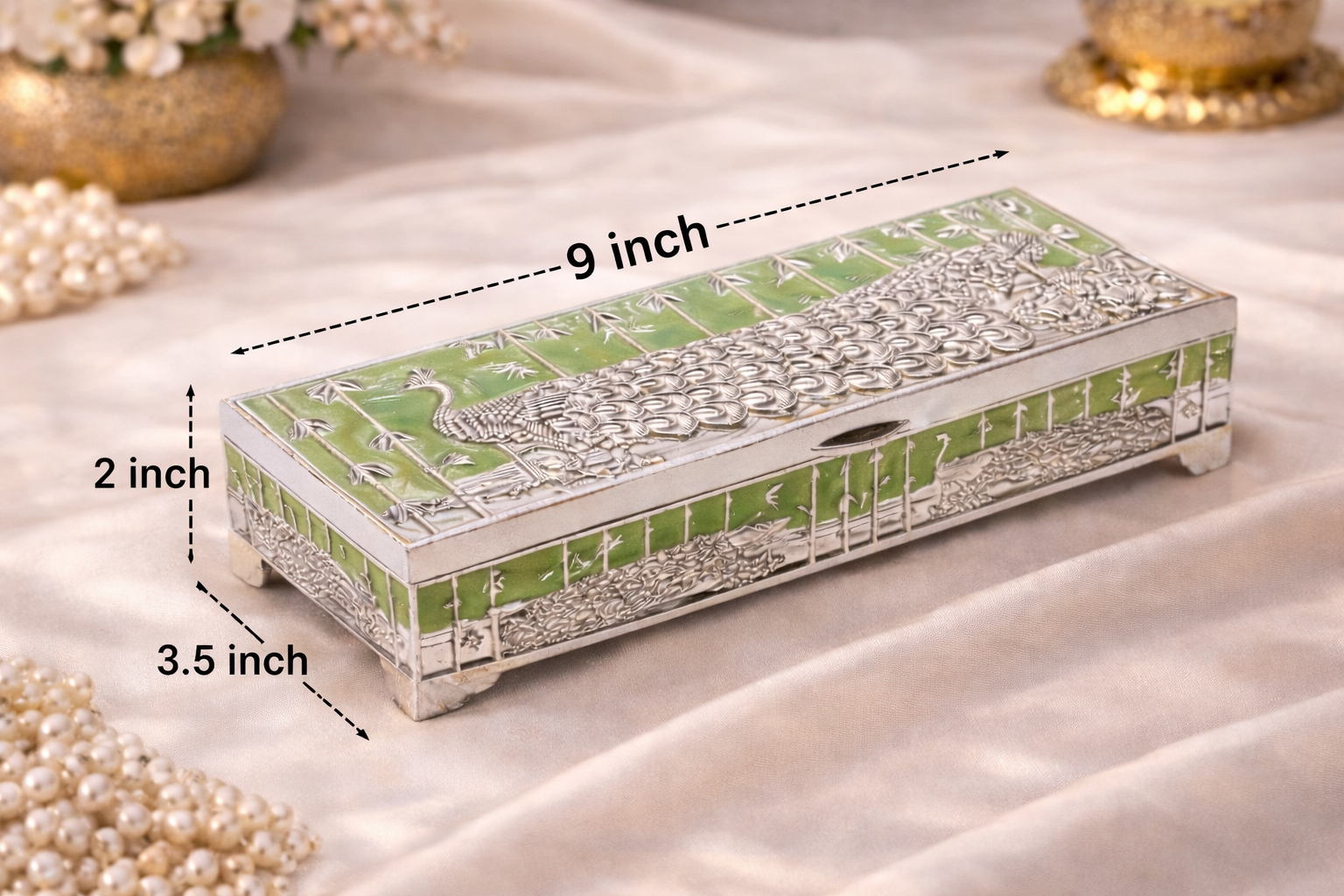 Premium German Silver Peacock Dry Fruit Box with Green Enamel Finish (9 x 3.5 x 2 Inch)