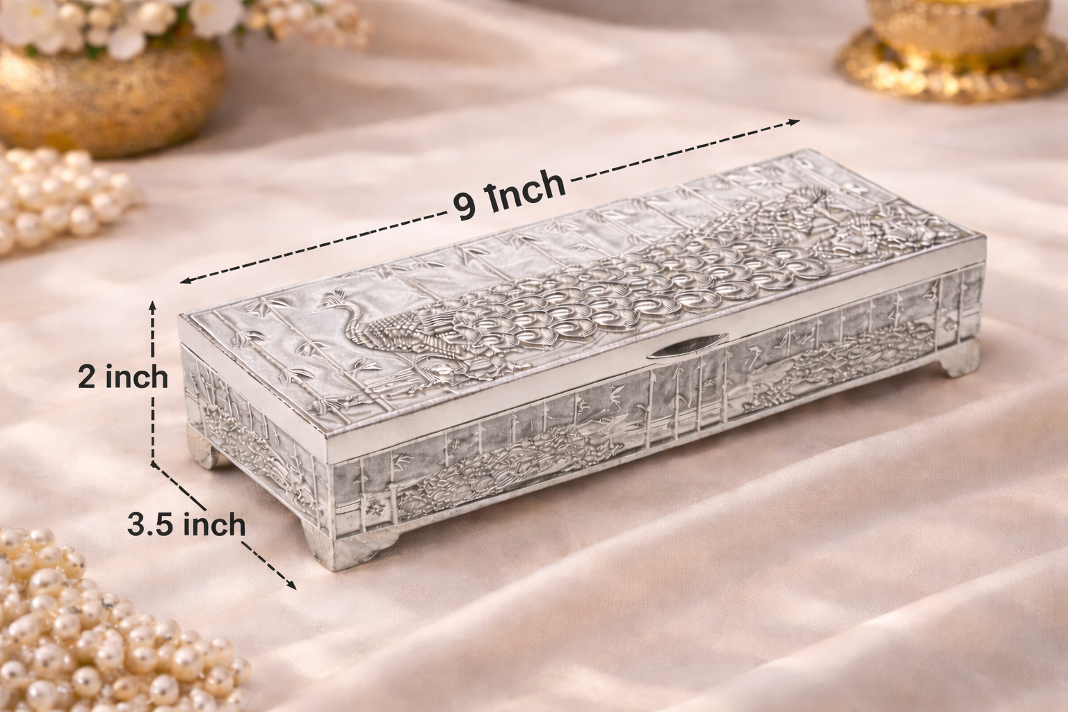 Premium German Silver Peacock Dry Fruit Box – Plain Silver Finish (9 x 3.5 x 2 Inch)