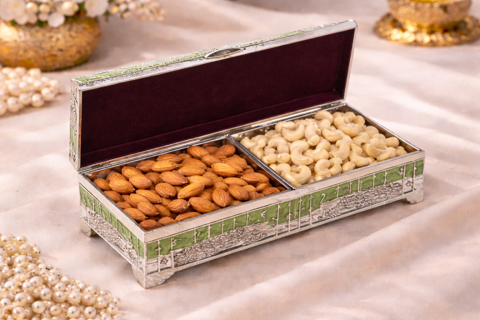 Premium German Silver Peacock Dry Fruit Box with Green Enamel Finish (9 x 3.5 x 2 Inch)