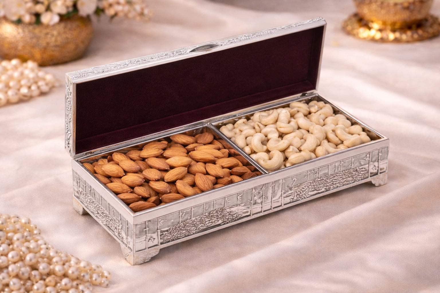 Premium German Silver Peacock Dry Fruit Box – Plain Silver Finish (9 x 3.5 x 2 Inch)