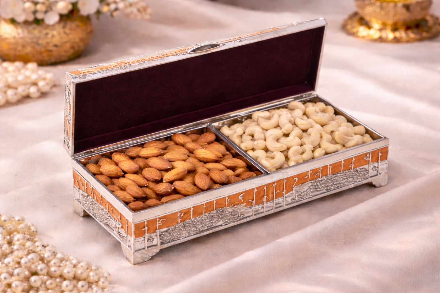 Premium German Silver Peacock Dry Fruit Box with Orange Enamel Finish (9 x 3.5 x 2 Inch)
