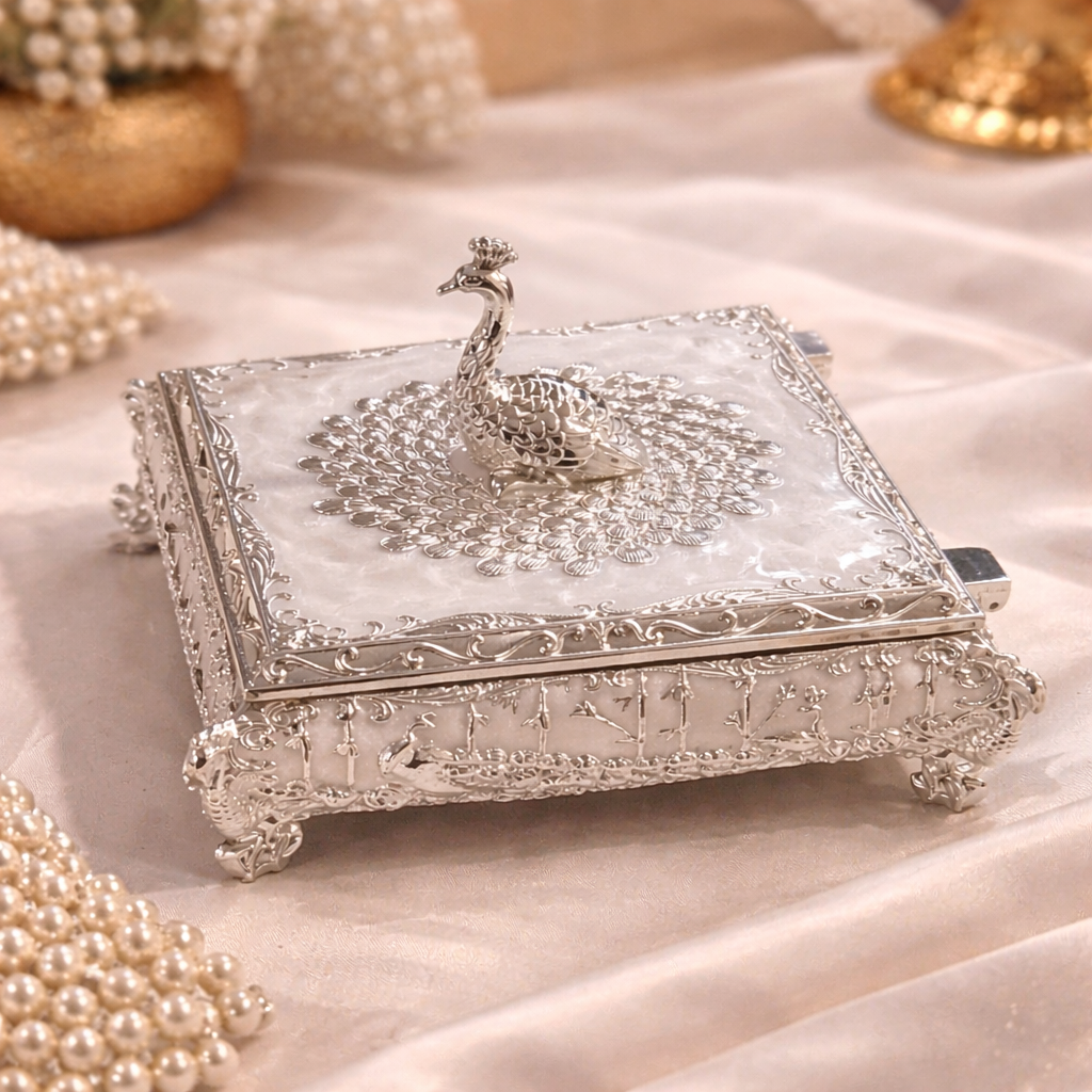German Silver Peacock Square Sweet Box – 5 x 5 Inch Luxury Decorative Gifting Box