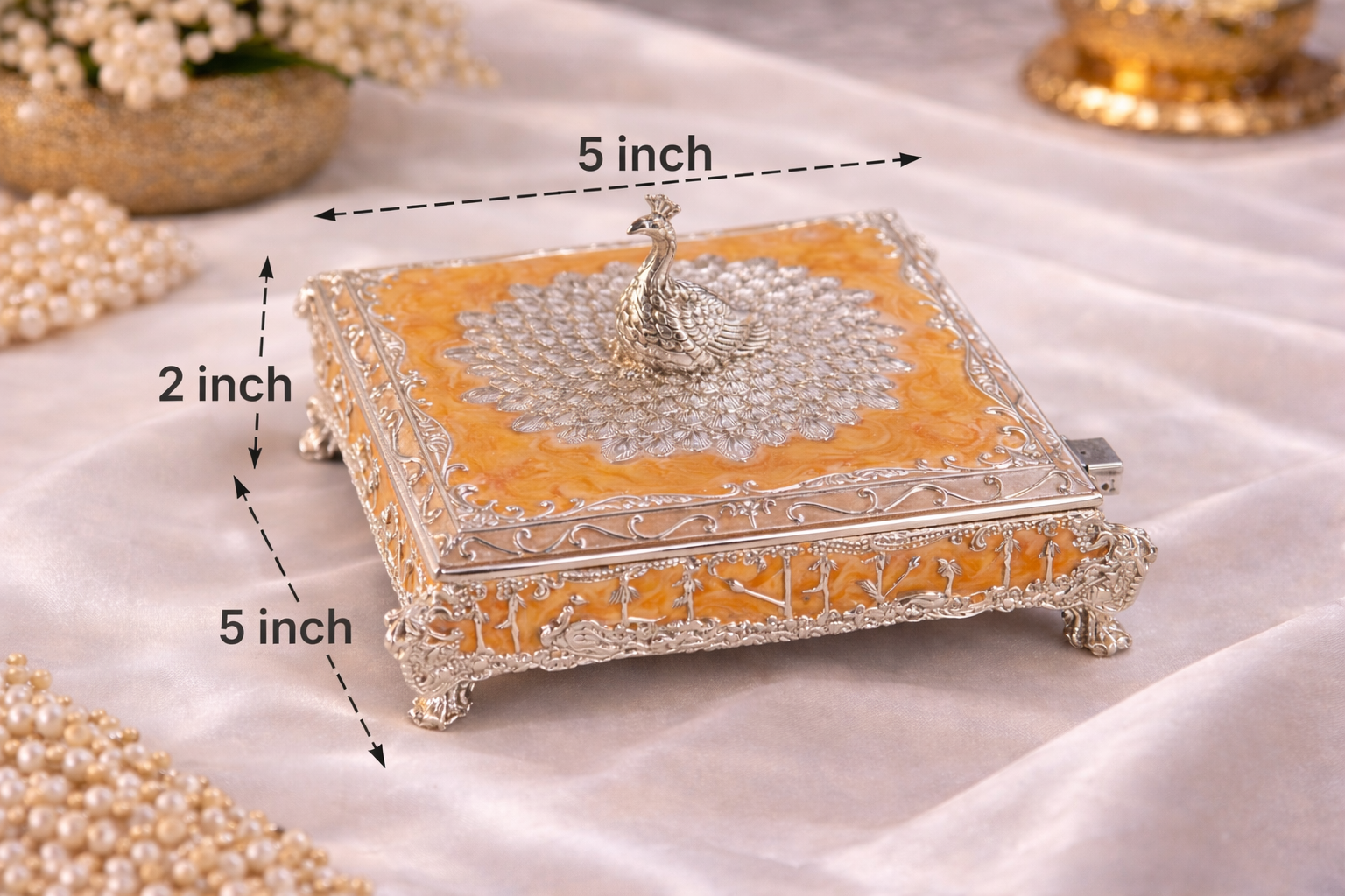 German Silver Peacock Square Sweet Box with Lid – 5 x 5 Inch Decorative Gifting Box