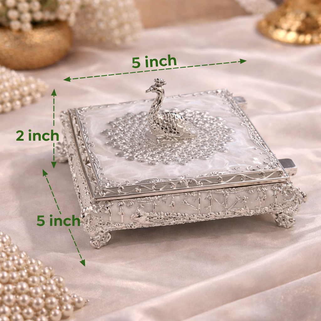 German Silver Peacock Square Sweet Box – 5 x 5 Inch Luxury Decorative Gifting Box