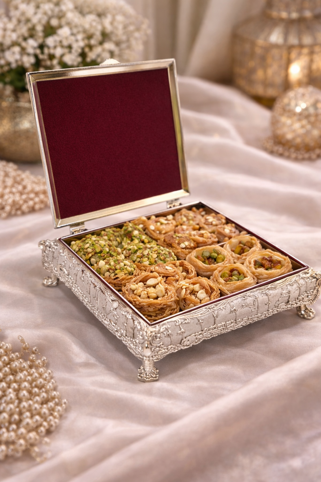 German Silver Peacock Square Sweet Box – 5 x 5 Inch Luxury Decorative Gifting Box