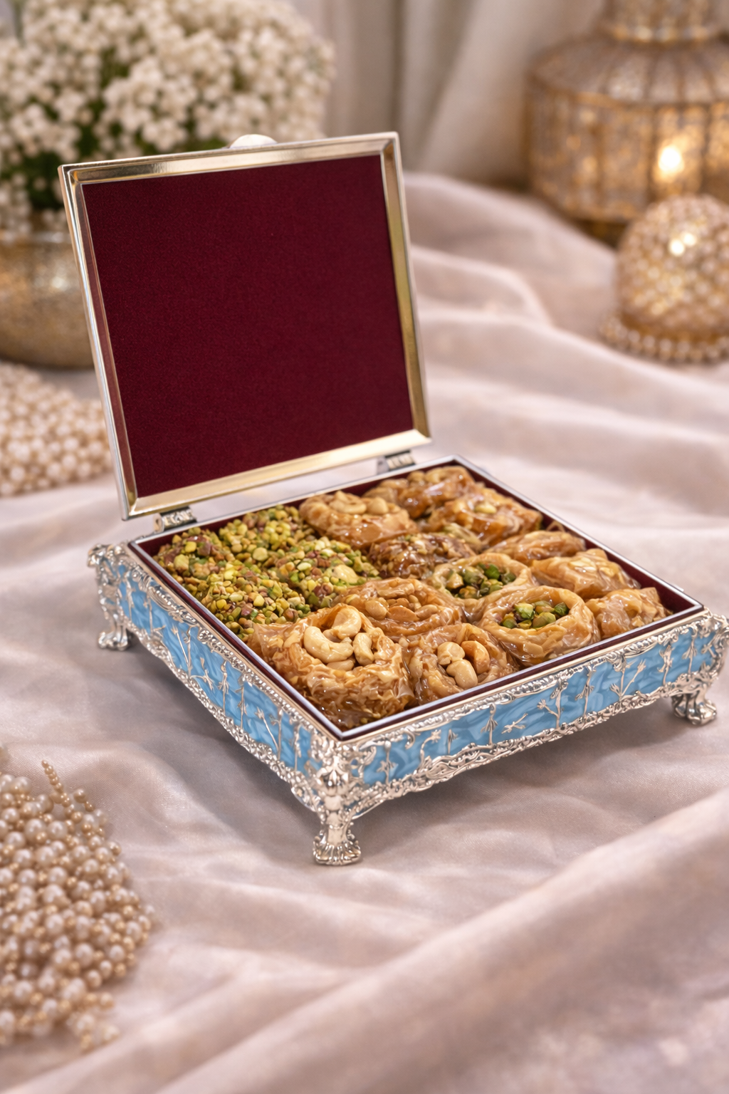 Premium German Silver Peacock Sweet & Dry Fruit Box with Blue Enamel Finish (5 x 5 x 2 Inch)