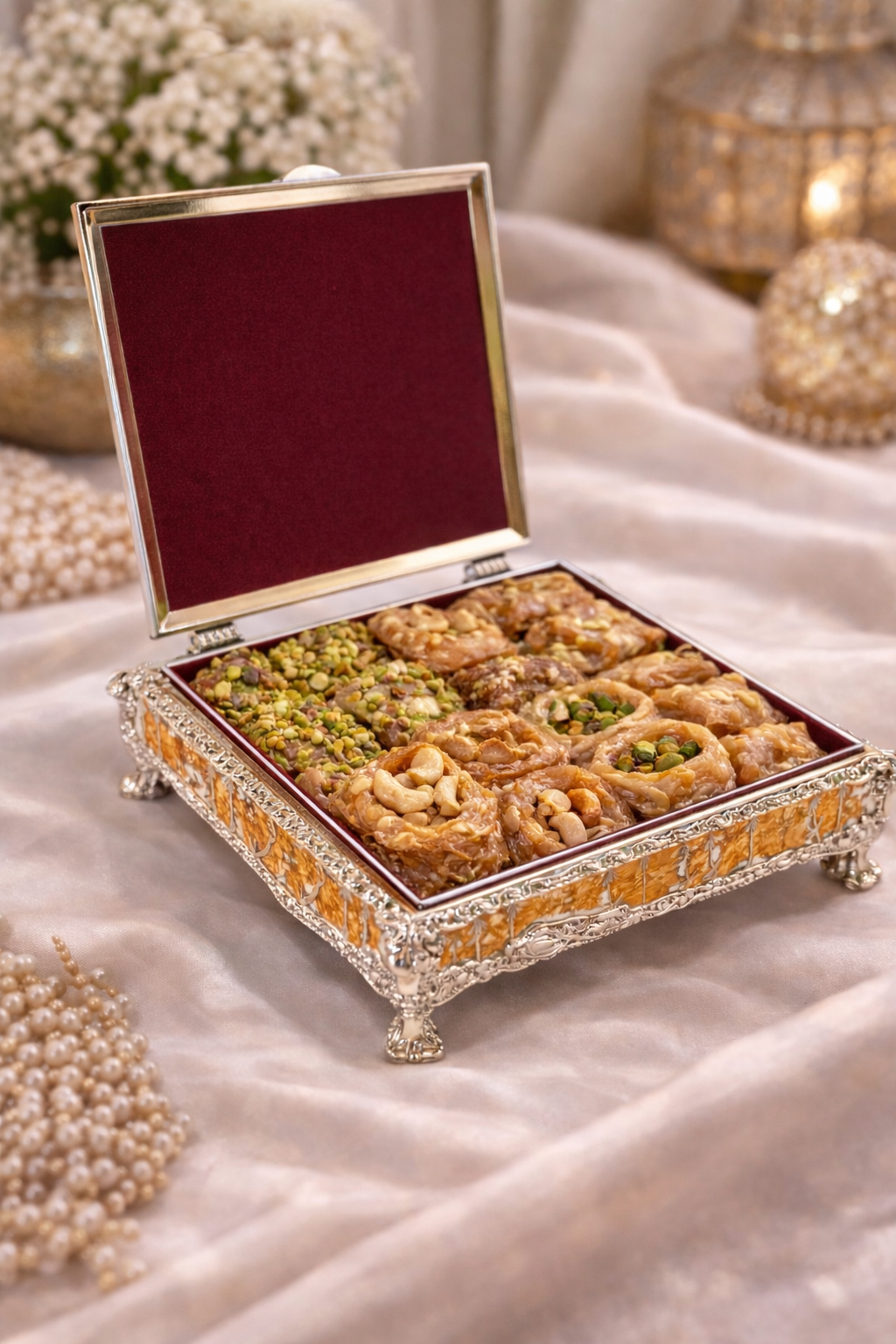 German Silver Peacock Square Sweet Box with Lid – 5 x 5 Inch Decorative Gifting Box