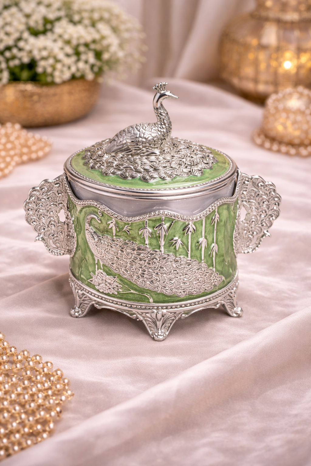 Luxury German Silver Peacock Dry Fruit Box with Handles – Green Enamel Finish (6 Inch)
