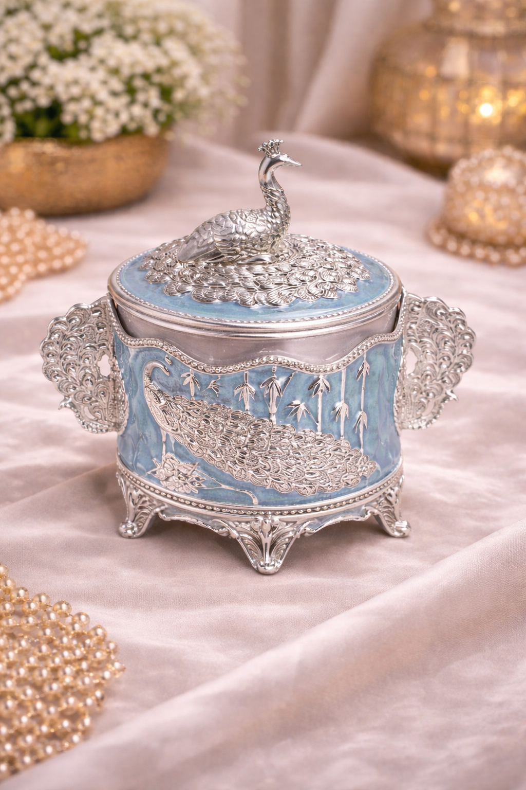 German Silver Peacock Round Jar with Lid – 6 Inch Luxury Sweet & Dry Fruit Box