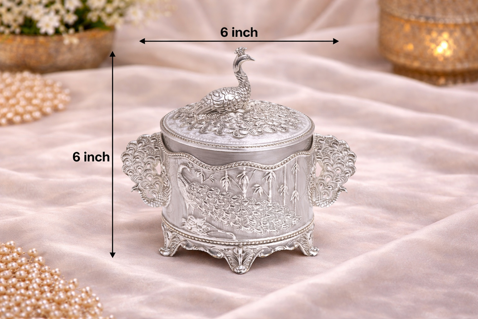 Royal Peacock German Silver Dry Fruit & Sugar Pot – Classic Silver Finish (6 Inch)