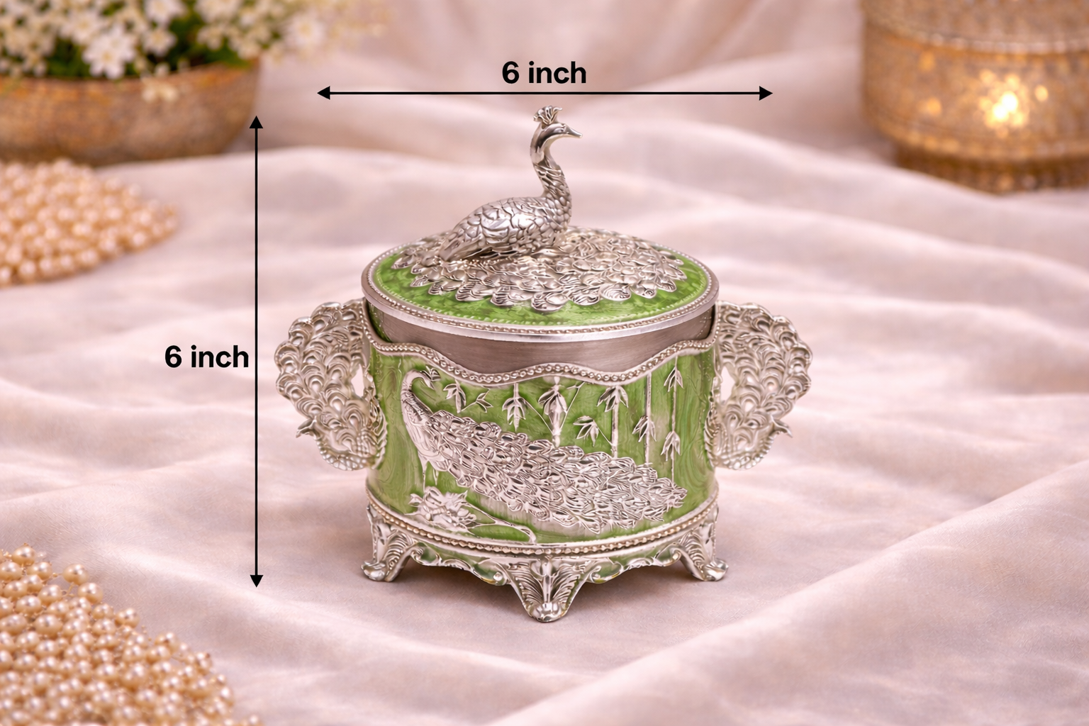 Luxury German Silver Peacock Dry Fruit Box with Handles – Green Enamel Finish (6 Inch)