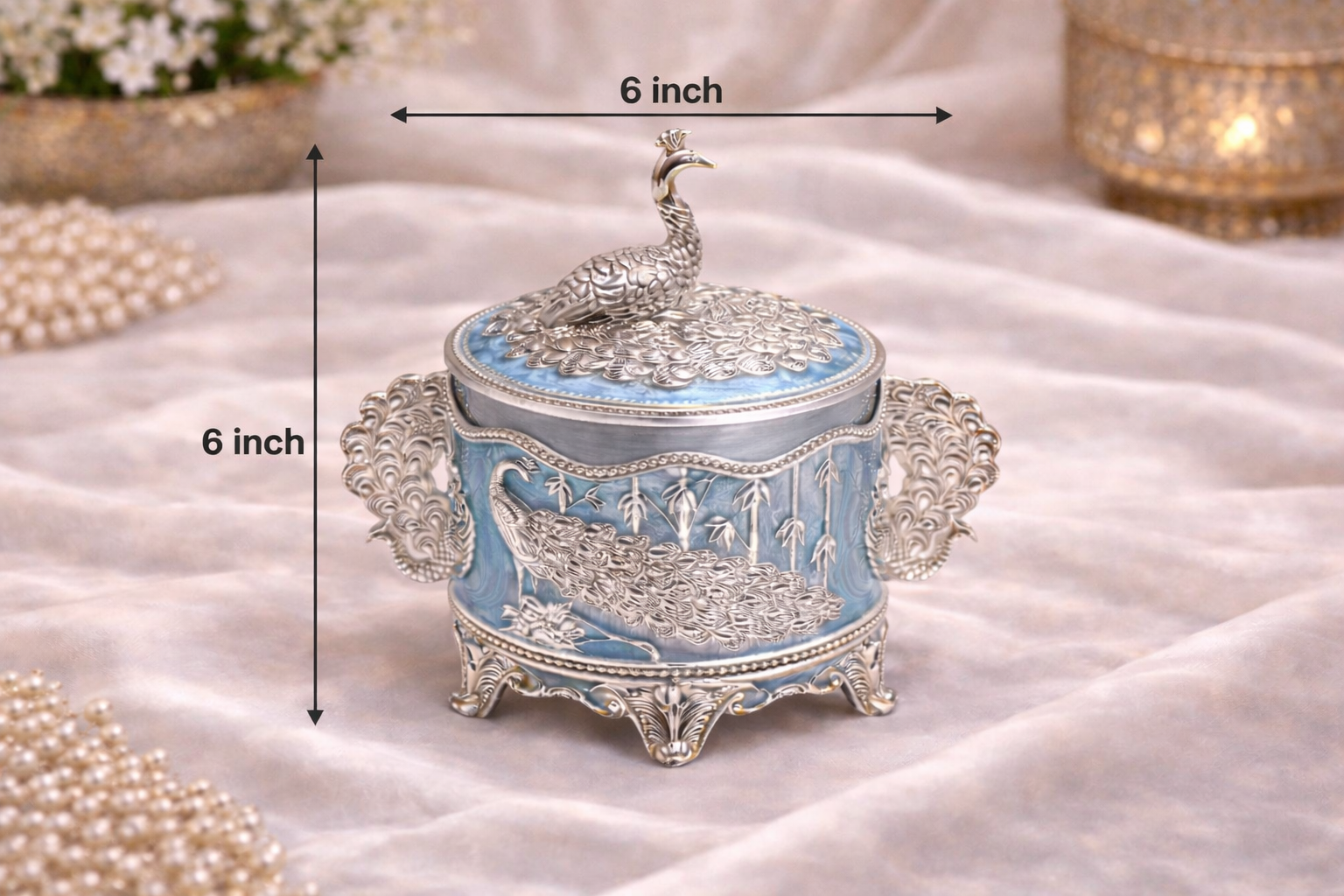 German Silver Peacock Round Jar with Lid – 6 Inch Luxury Sweet & Dry Fruit Box
