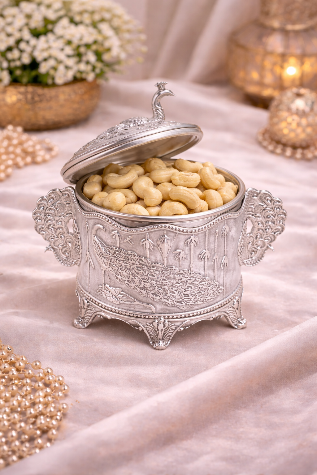 Royal Peacock German Silver Dry Fruit & Sugar Pot – Classic Silver Finish (6 Inch)