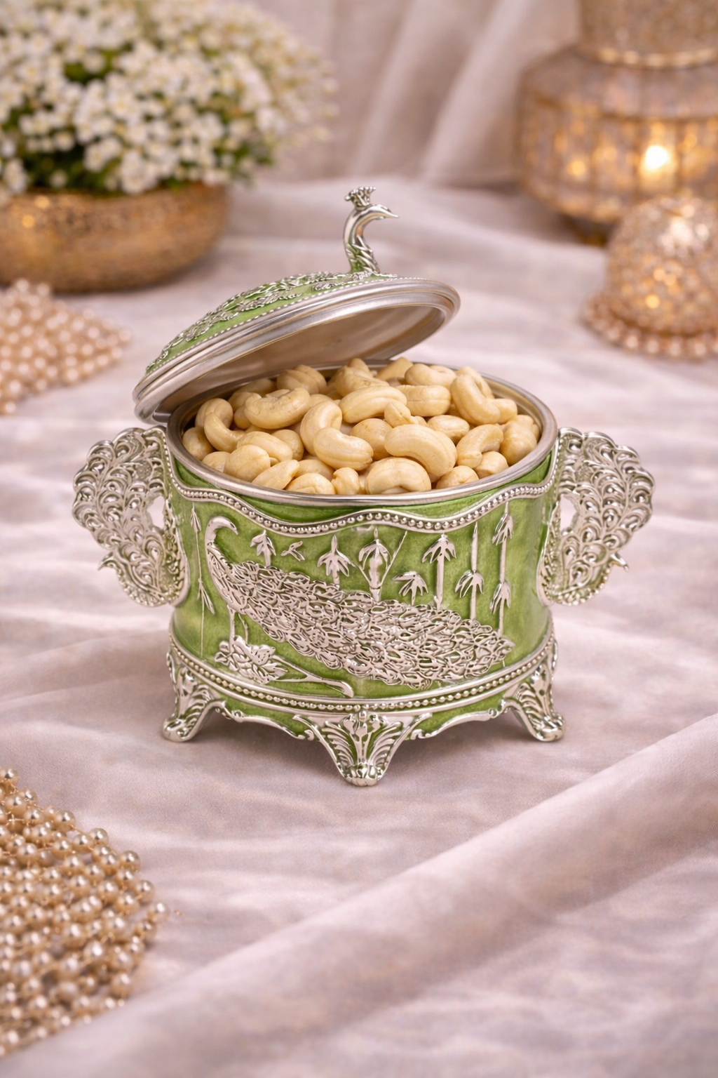 Luxury German Silver Peacock Dry Fruit Box with Handles – Green Enamel Finish (6 Inch)