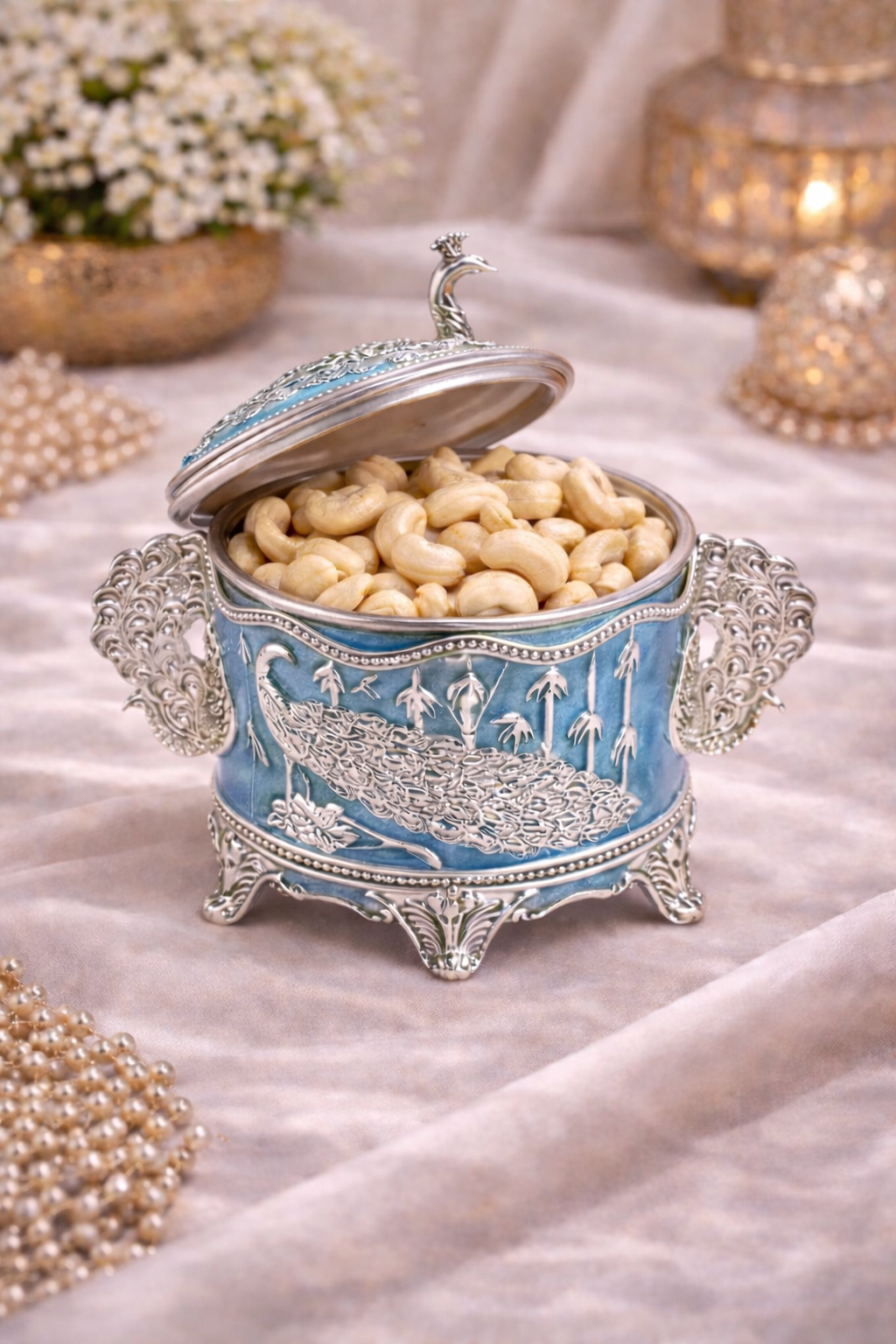 German Silver Peacock Round Jar with Lid – 6 Inch Luxury Sweet & Dry Fruit Box