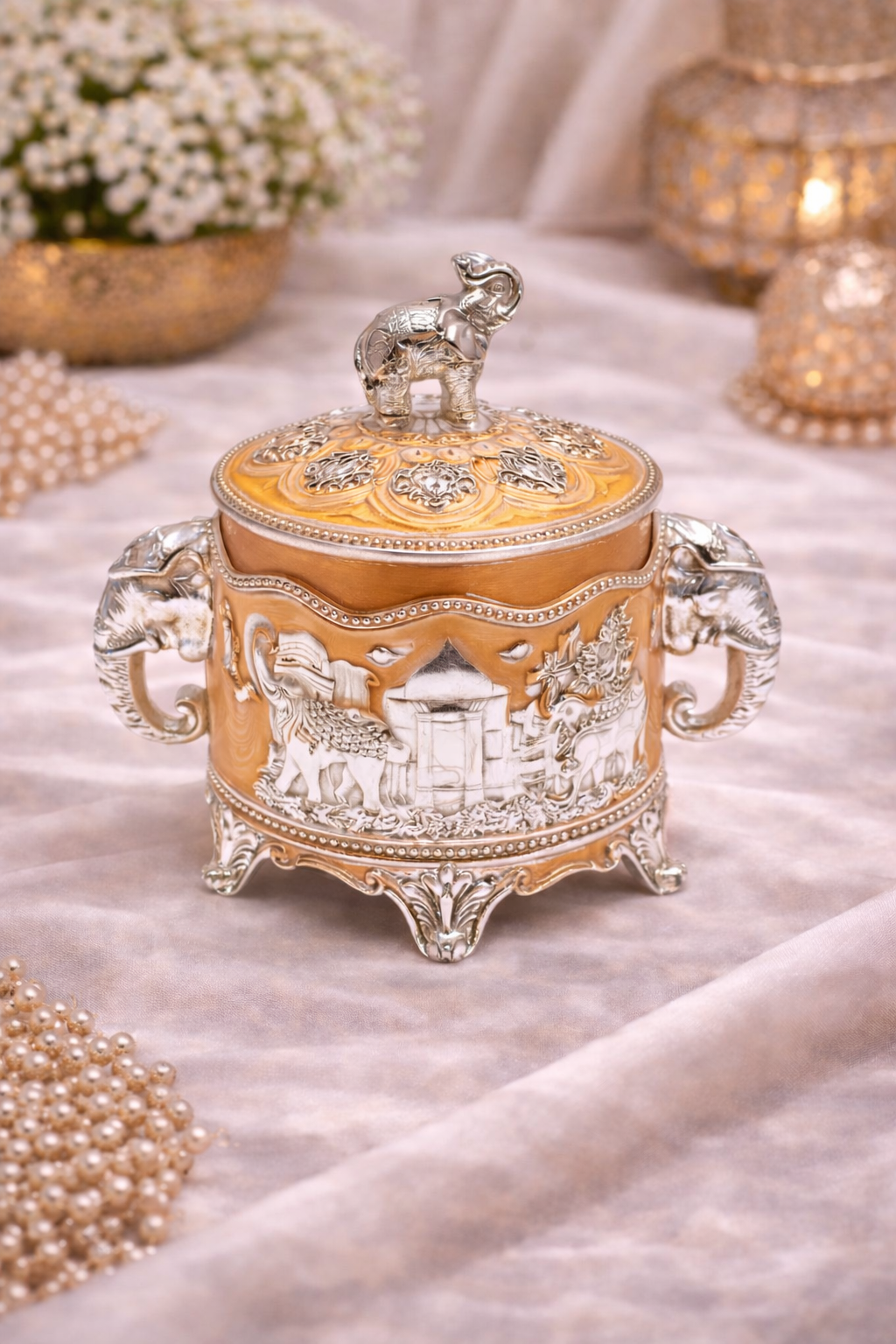 Luxury German Silver Elephant Design Decorative Box – 6 x 6 Inch (Handcrafted Premium Storage Box)