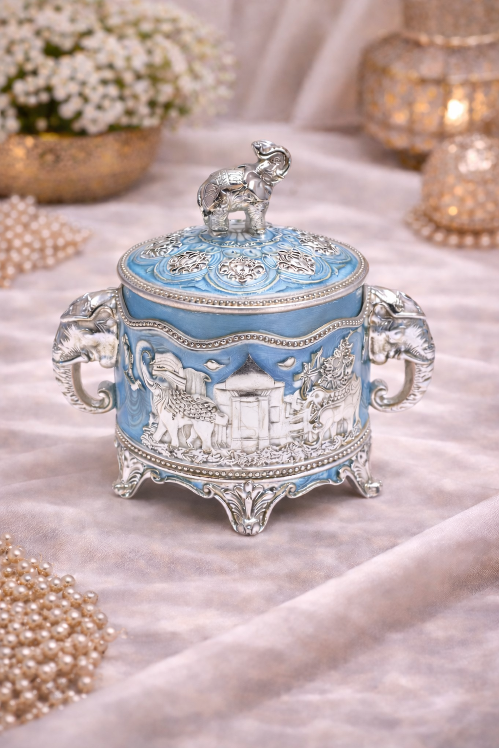 Premium German Silver Elephant Design Dry Fruit Box (6 Inch) – Luxury Gifting for Weddings, Diwali & Corporate Occasions