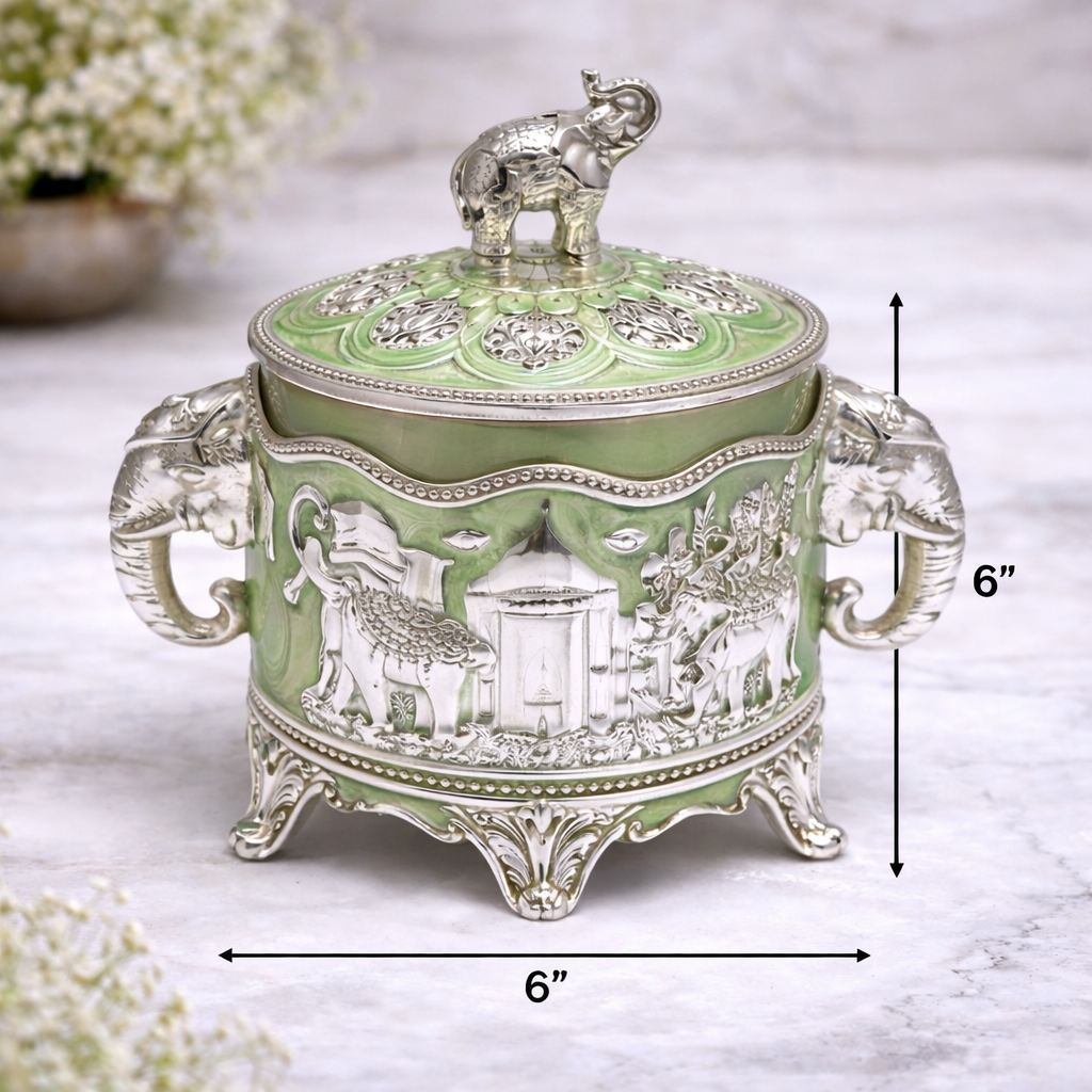 German Silver Elephant Lid Decorative Storage Box – 6 Inch Premium Handcrafted Gift Container