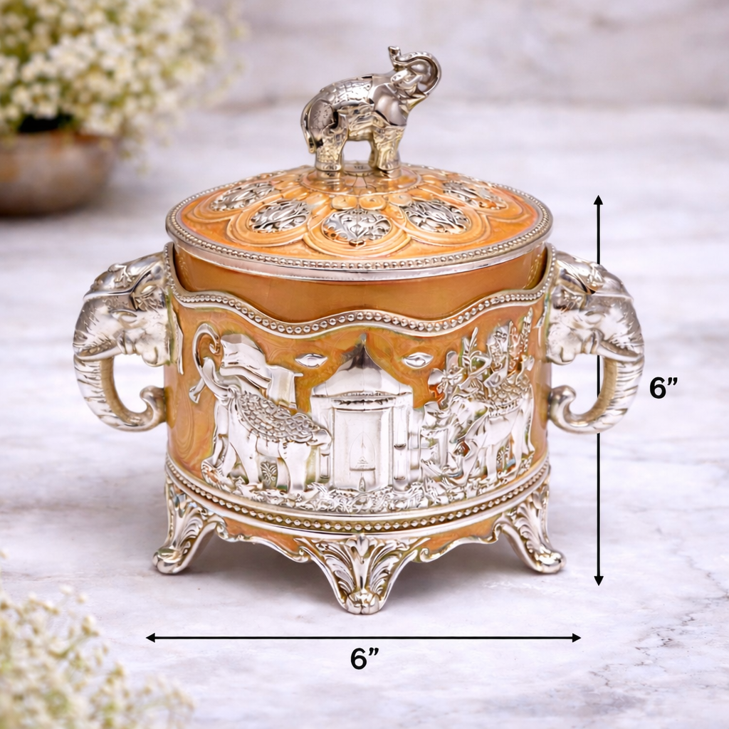 Luxury German Silver Elephant Design Decorative Box – 6 x 6 Inch (Handcrafted Premium Storage Box)