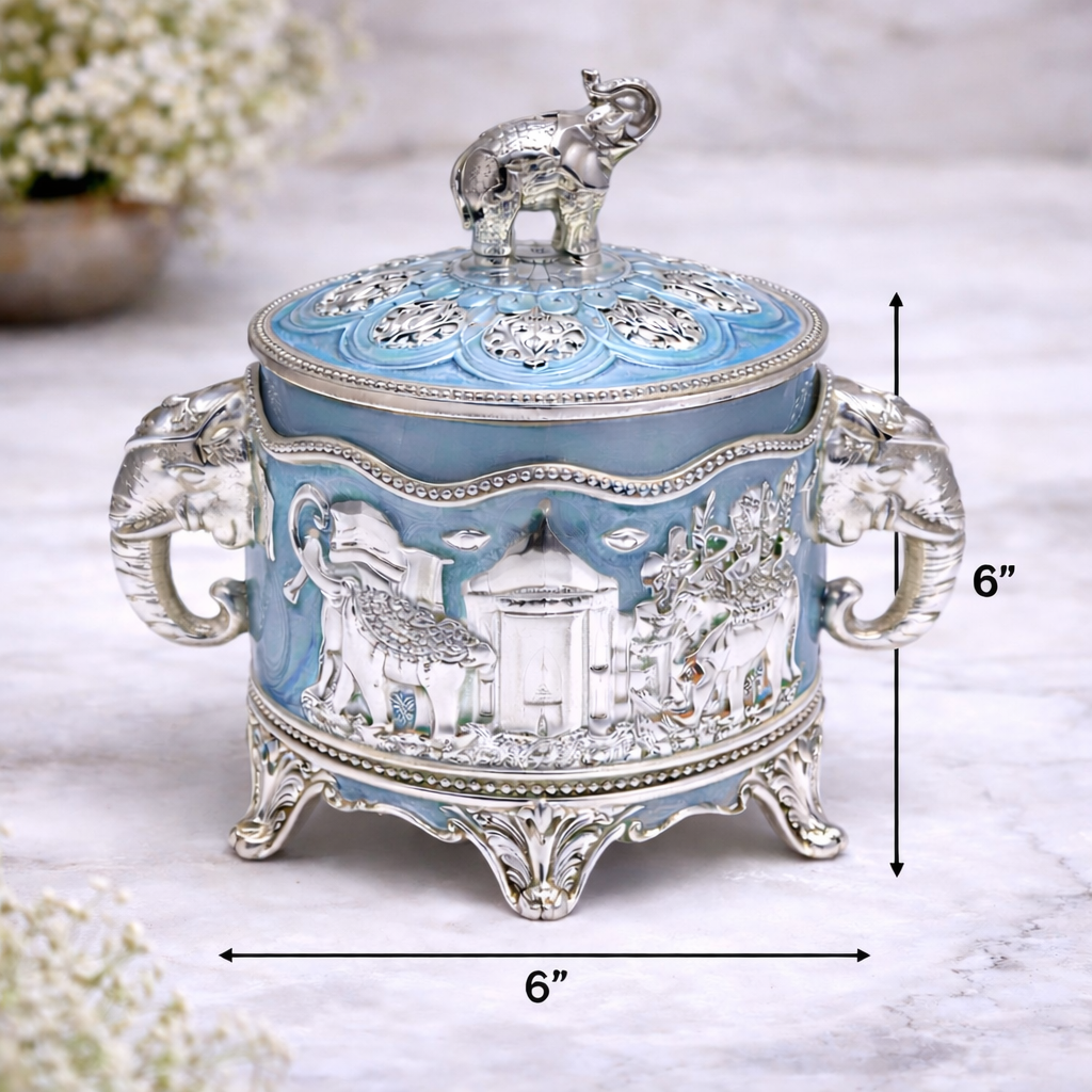 Premium German Silver Elephant Design Dry Fruit Box (6 Inch) – Luxury Gifting for Weddings, Diwali & Corporate Occasions