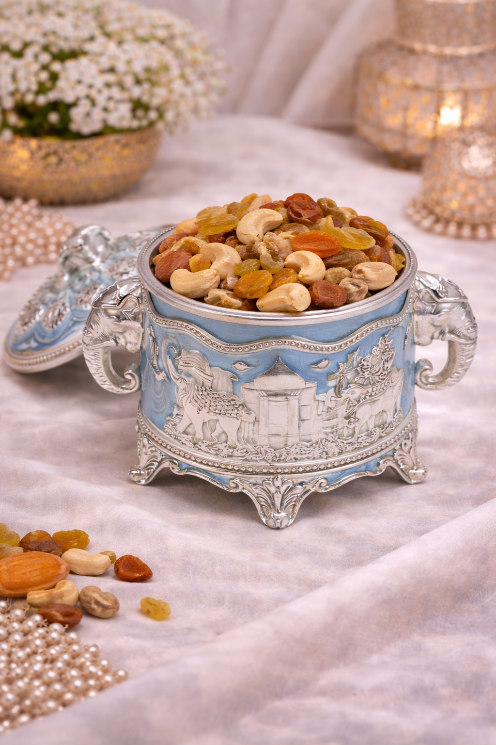 Premium German Silver Elephant Design Dry Fruit Box (6 Inch) – Luxury Gifting for Weddings, Diwali & Corporate Occasions