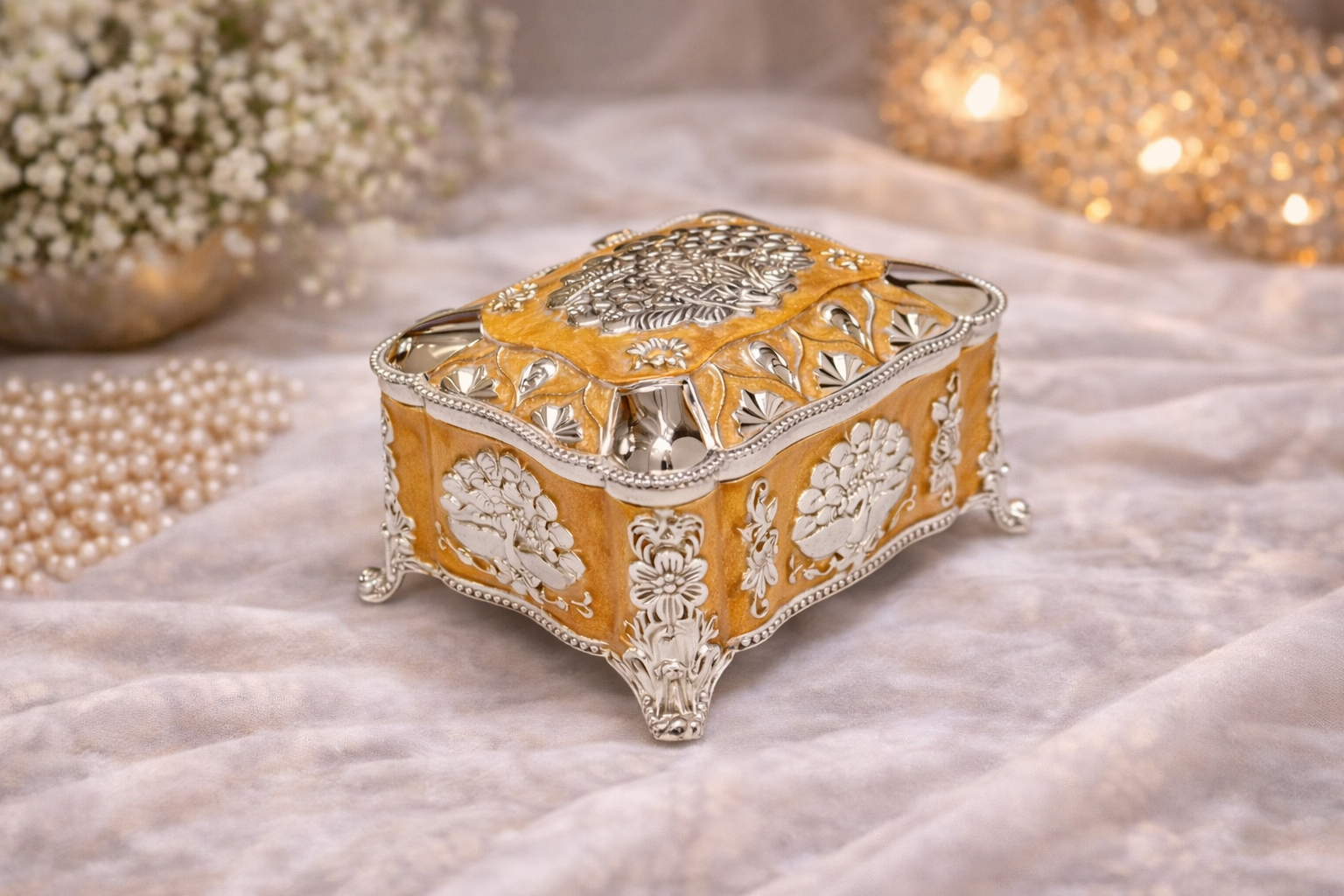 Mustard Enamel German Silver Decorative Jewellery & Keepsake Box (4 x 3 x 3 Inch)