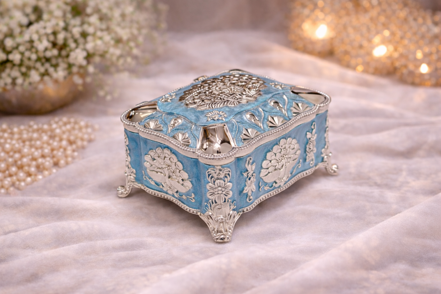 Royal Blue Enamel German Silver Storage Box with Velvet Lining (4 x 3 x 3 Inch)