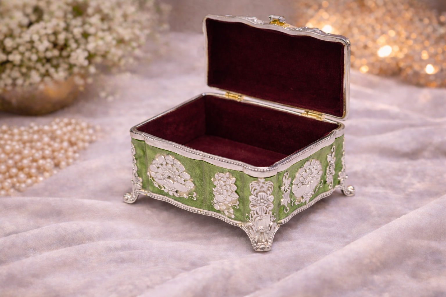 Green Enamel German Silver Decorative Jewellery & Keepsake Box (4 x 3 x 3 Inch)