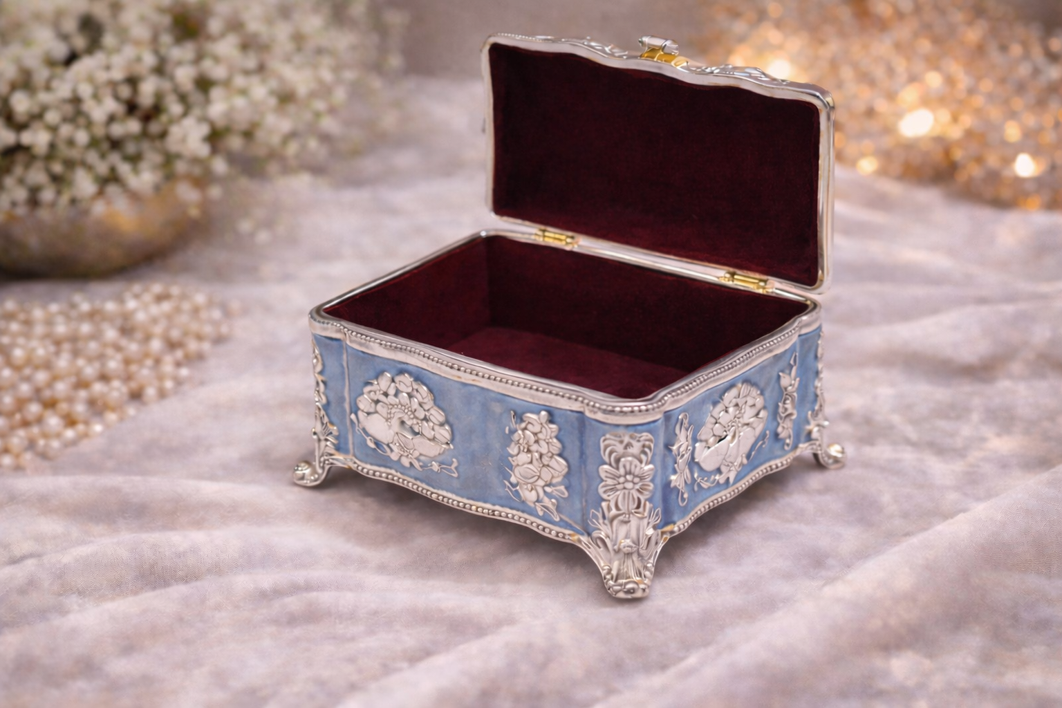 Royal Blue Enamel German Silver Storage Box with Velvet Lining (4 x 3 x 3 Inch)