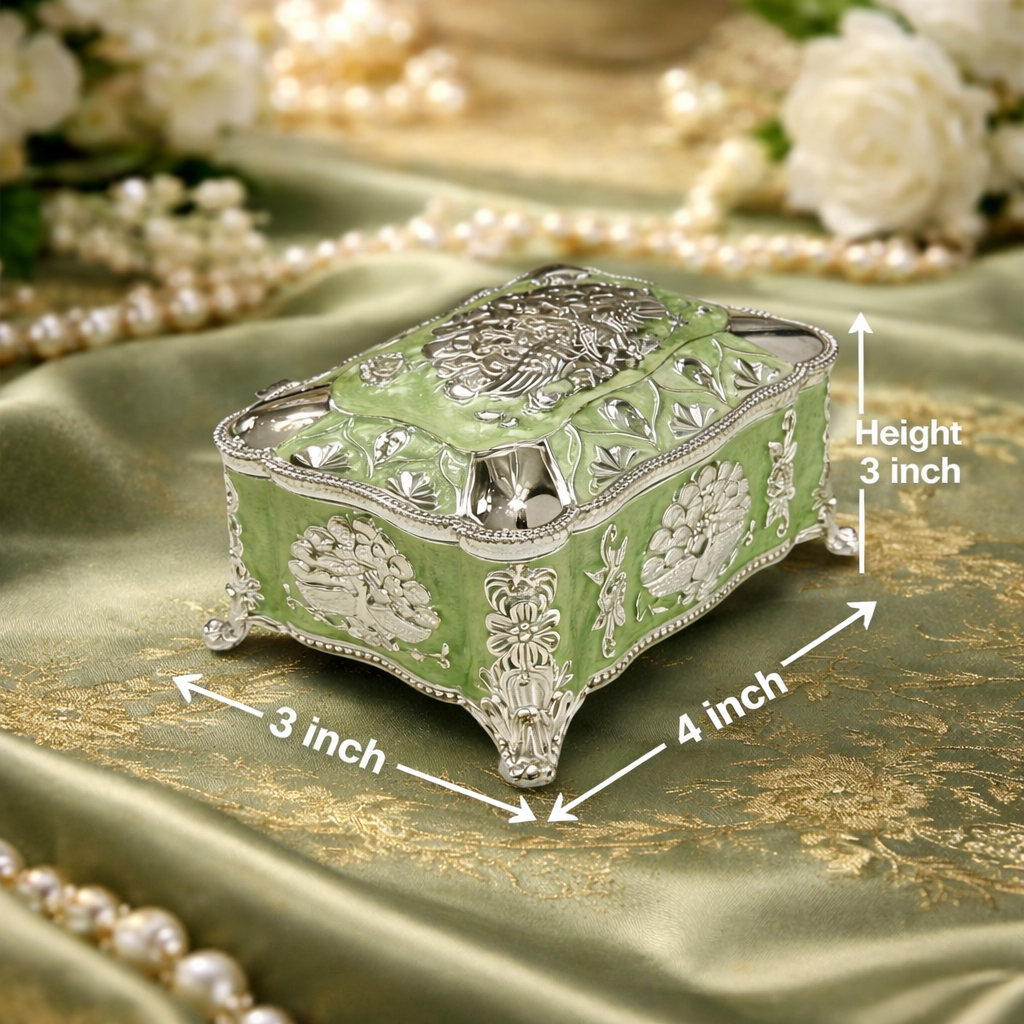 Green Enamel German Silver Decorative Jewellery & Keepsake Box (4 x 3 x 3 Inch)