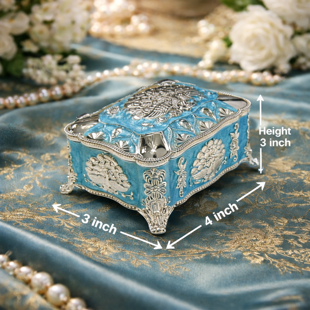 Royal Blue Enamel German Silver Storage Box with Velvet Lining (4 x 3 x 3 Inch)