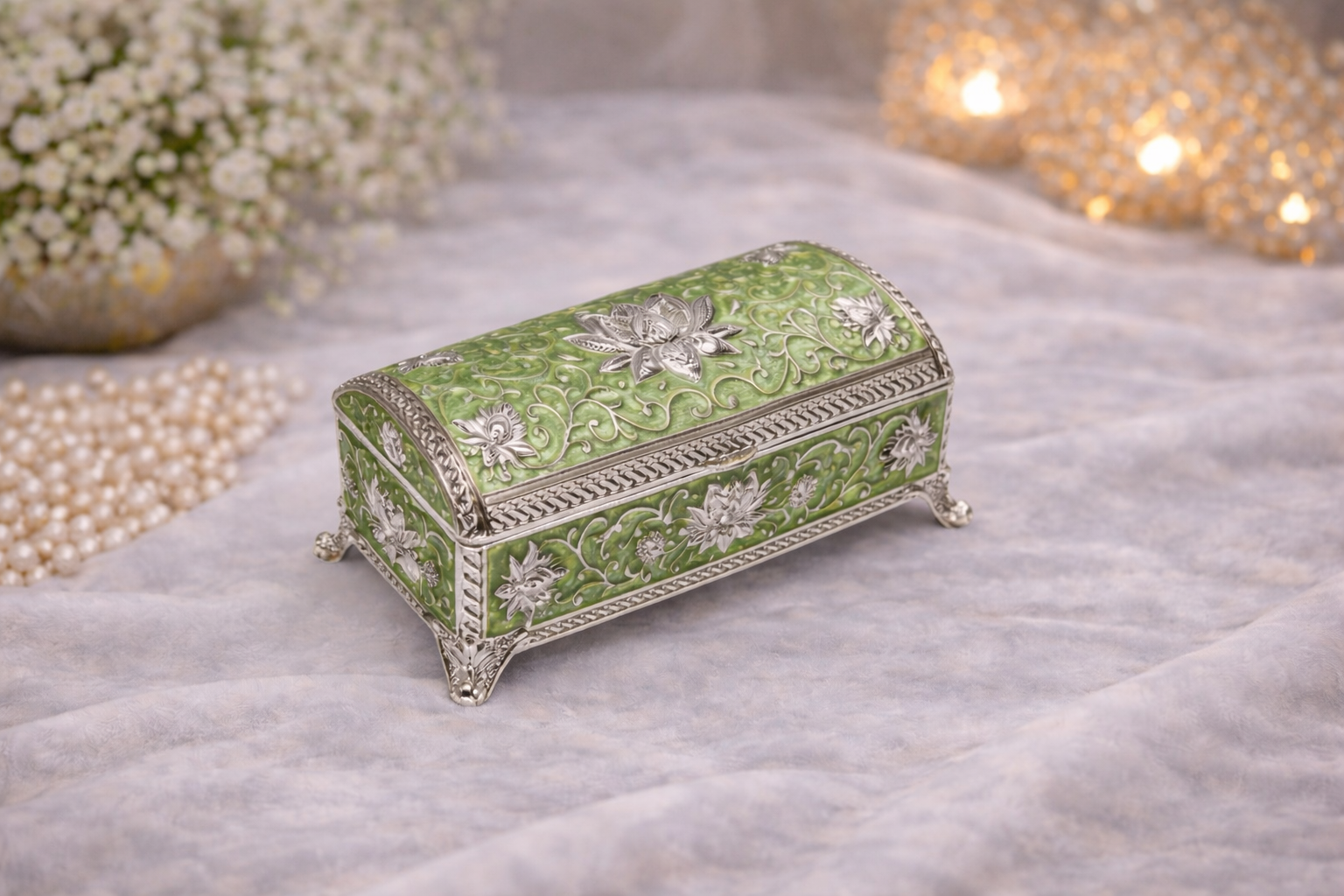 Luxury German Silver Floral Long Storage Box – Green Enamel Finish (7.5 x 3.5 Inch)