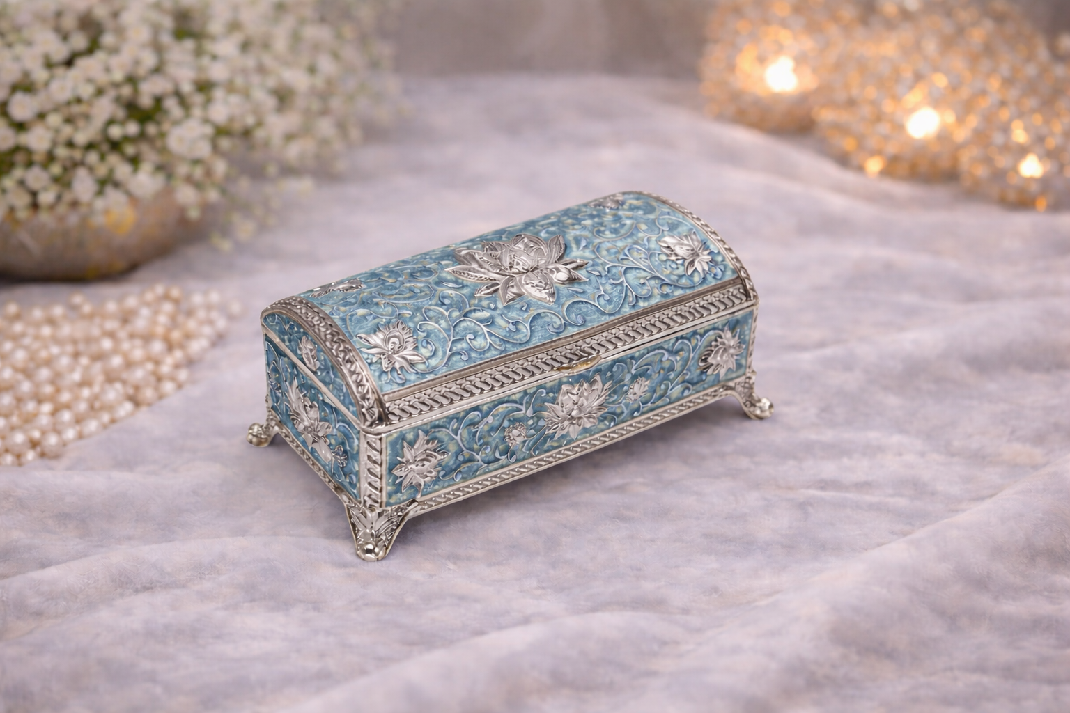Luxury German Silver Floral Storage Box – Blue Enamel Finish (7.5 x 3.5 Inch)