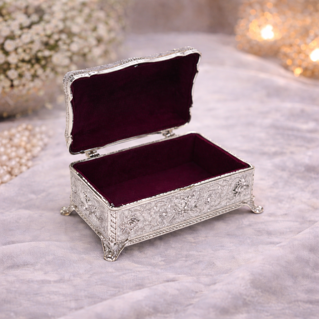 Royal German Silver Embossed Storage Box with Velvet Lining – Luxury Gifting & Décor Piece