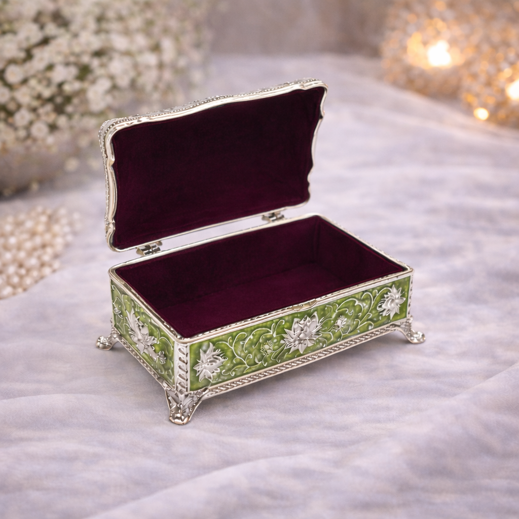Luxury German Silver Floral Long Storage Box – Green Enamel Finish (7.5 x 3.5 Inch)