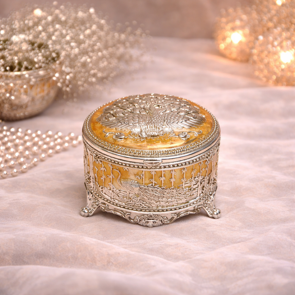 Premium German Silver Peacock Jewellery Box – 3 Inch Round with Velvet Interior