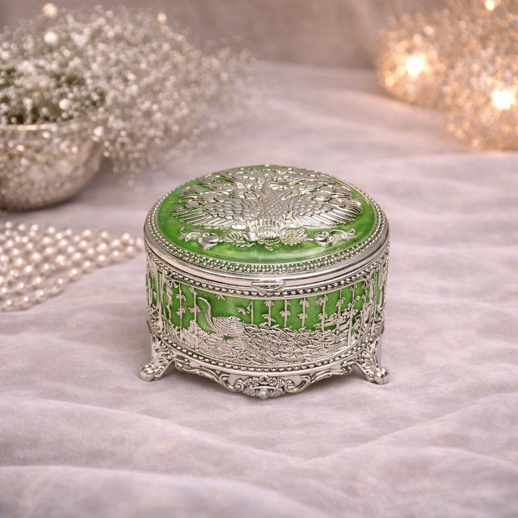 Royal Peacock Enamel Silver Jewellery Box – 3 Inch (Green Finish)