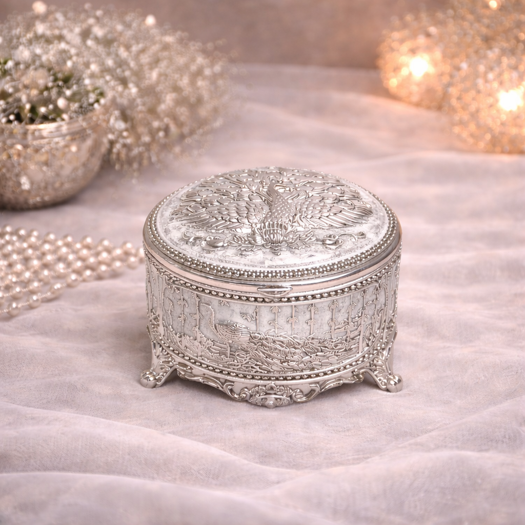 Adscraft Royal Peacock German Silver Jewelry & Dry Fruit Box with Velvet Lining (3 Inch)